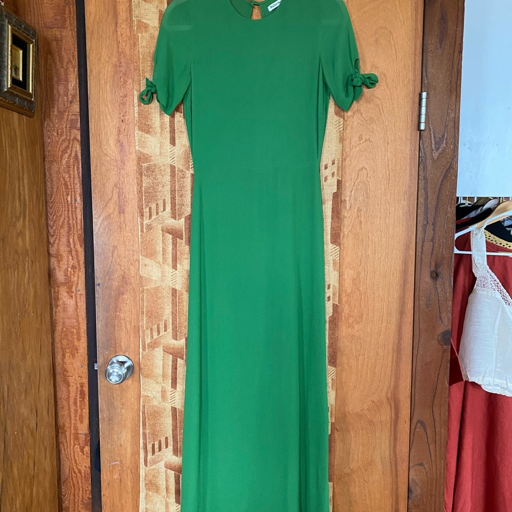 Reformation Green Sheath Maxi Dress with Puff Sleeves